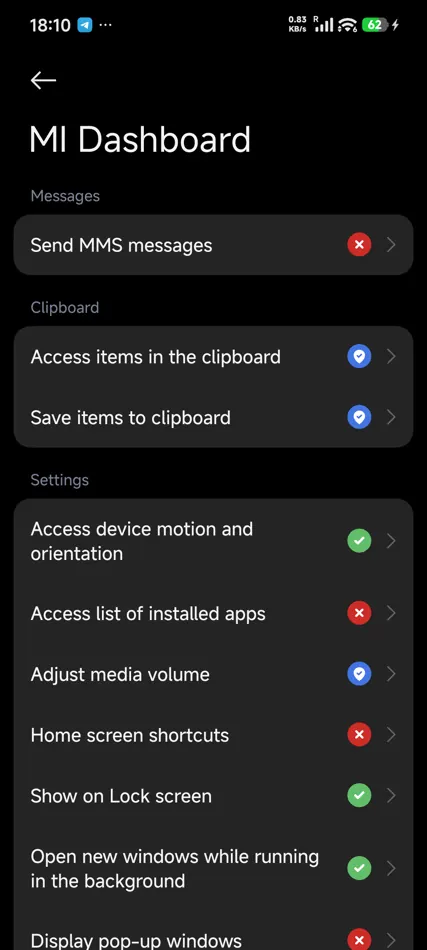 MI Dashboard — 1. Тап по «Плавающая кнопка» открывает «Другие разрешения»