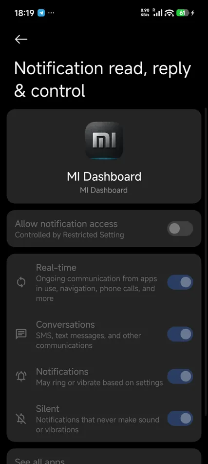 MI Dashboard — 2. Тумблер серый: «Controlled by Restricted Setting». При нажатии — «Permissions denied»