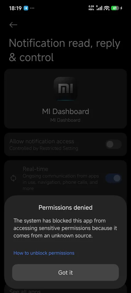 MI Dashboard — 4. Вернитесь в «Доступ к уведомлениям» и включите тумблер. Диалог «Permissions denied» больше не появится