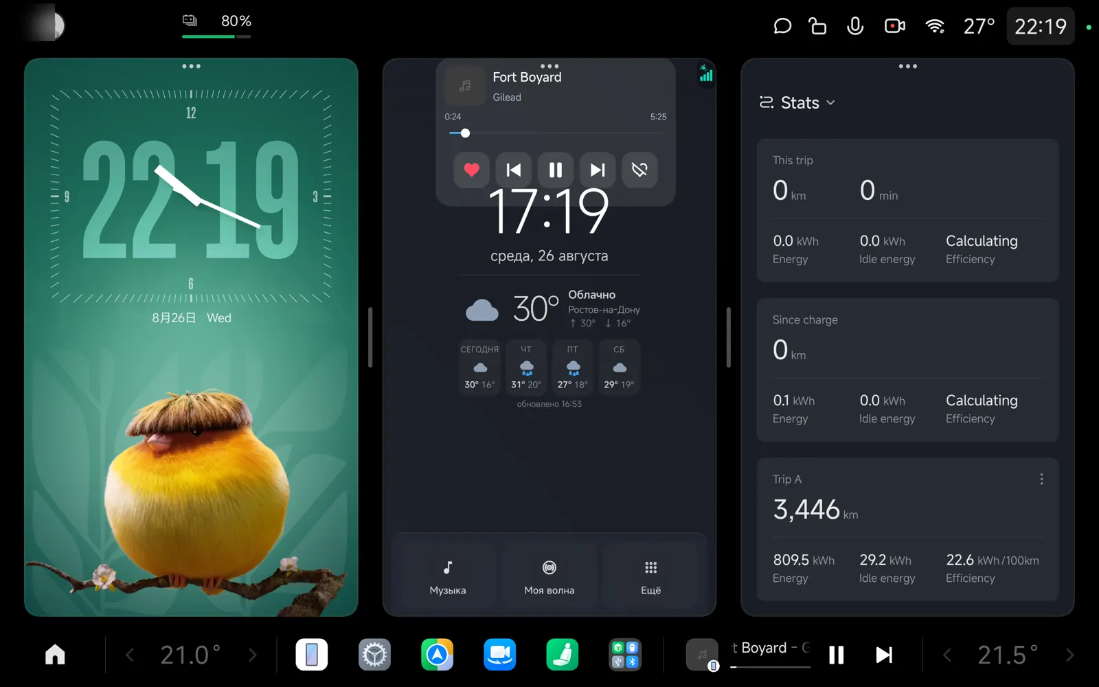 MI Dashboard — Тёмная тема: раскрытый музыкальный виджет
