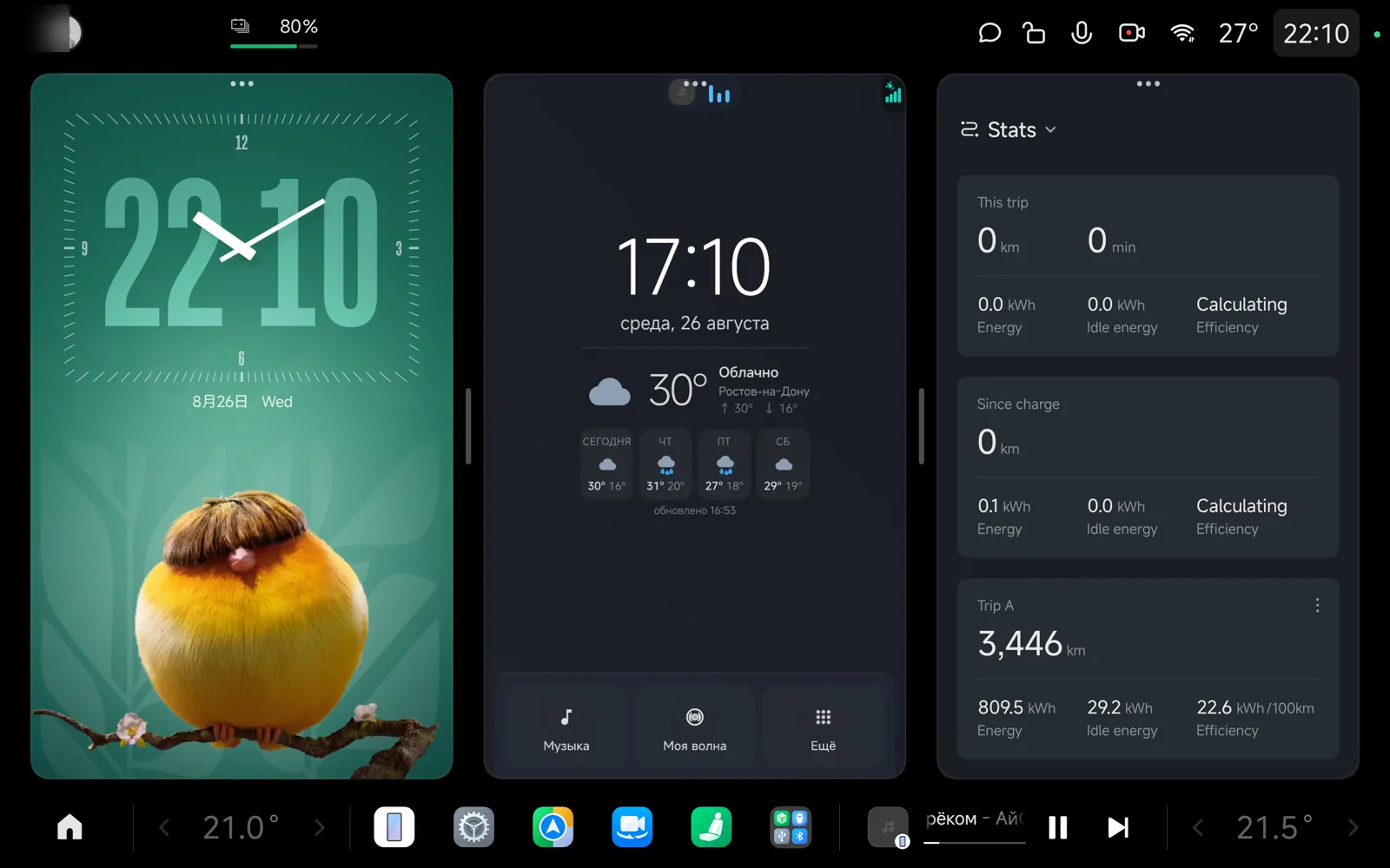 MI Dashboard — Тёмная тема: часы и погода