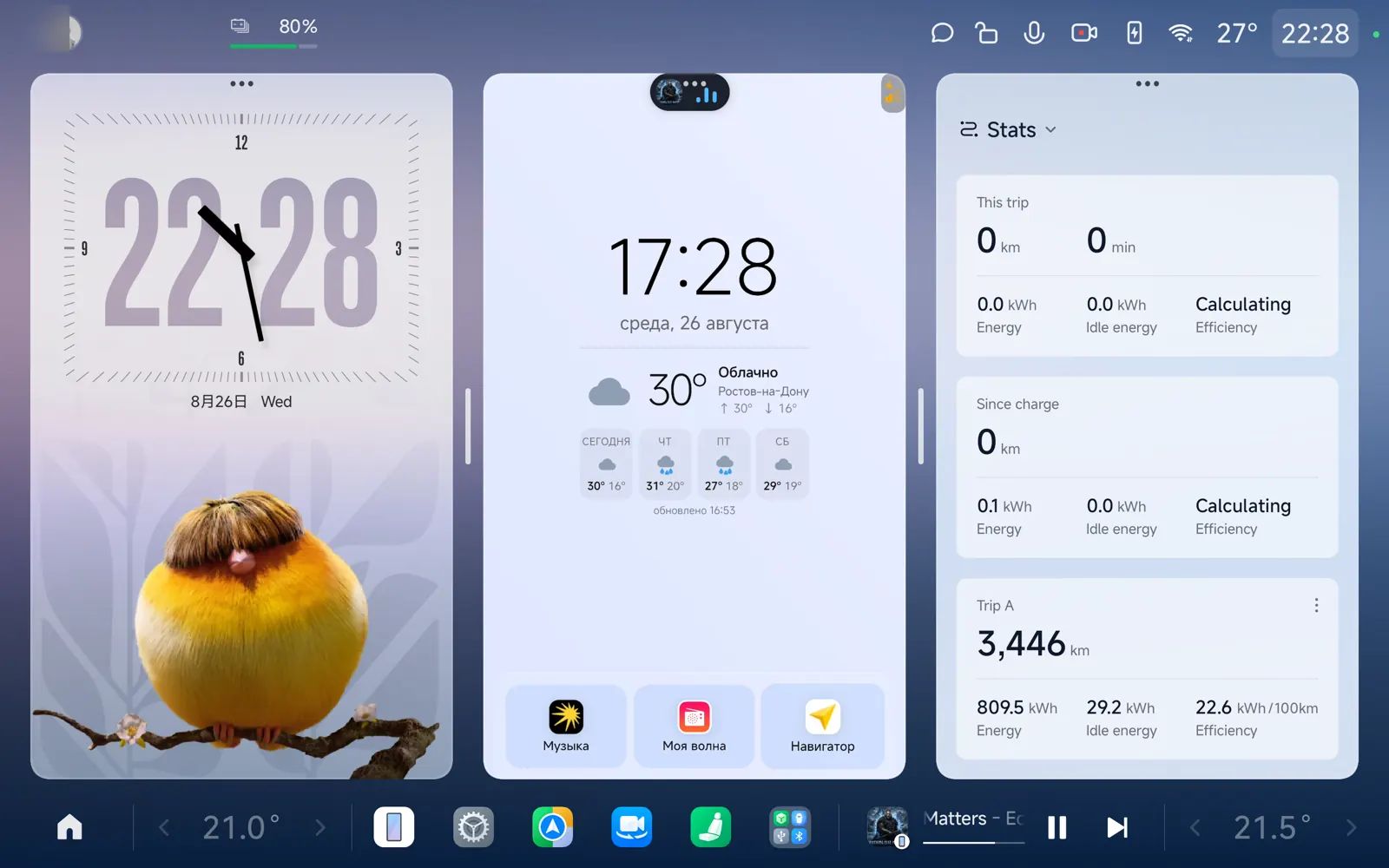 MI Dashboard — Светлая тема: часы и погода